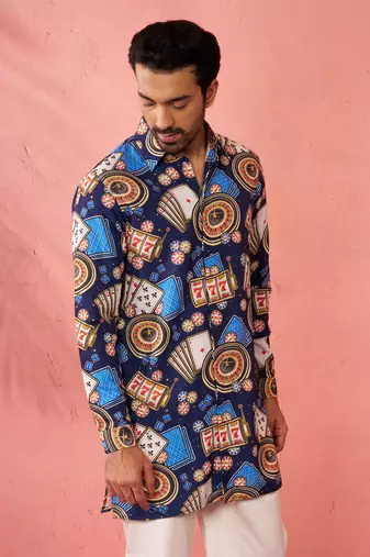 blue rayon kurta - digital printed mid-length casual festive