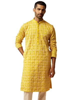 Men yellow linen silk thread embroidered kurta - premium geometric wedding festive wear 1