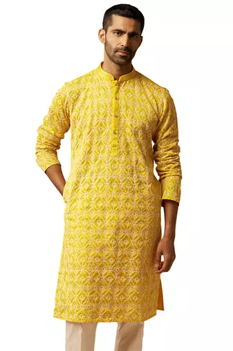 Men yellow linen silk thread embroidered kurta - premium geometric wedding festive wear
