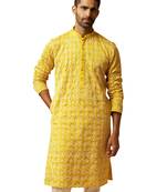 Men yellow linen silk thread embroidered kurta - premium geometric wedding festive wear