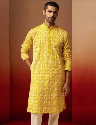 Men yellow linen silk thread embroidered kurta - premium geometric wedding festive wear 2