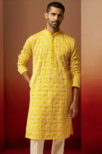 Men yellow linen silk thread embroidered kurta - premium geometric wedding festive wear