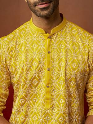 Men yellow linen silk thread embroidered kurta - premium geometric wedding festive wear 3
