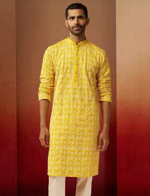 Men yellow linen silk thread embroidered kurta - premium geometric wedding festive wear 4