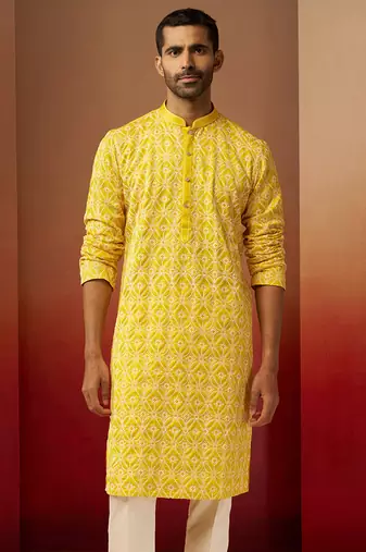 Men yellow linen silk thread embroidered kurta - premium geometric wedding festive wear