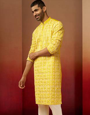 Men yellow linen silk thread embroidered kurta - premium geometric wedding festive wear 5