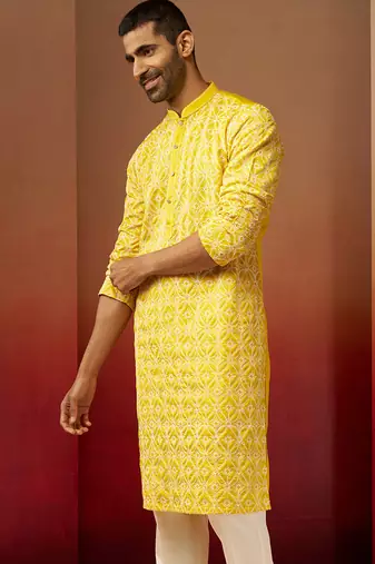 Men yellow linen silk thread embroidered kurta - premium geometric wedding festive wear