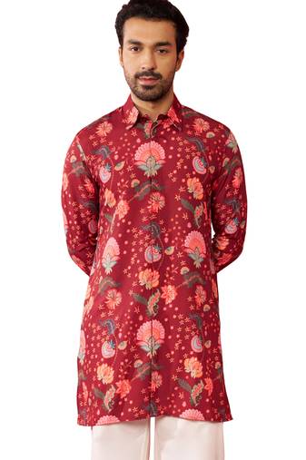 Men's Red rayon kurta - digital printed mid-length casual festive