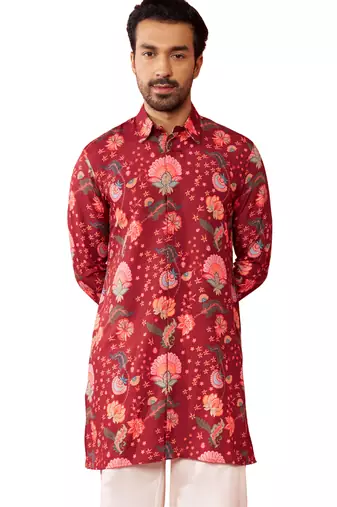 Men's Red rayon kurta - digital printed mid-length casual festive