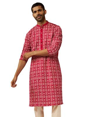 Men red linen silk thread embroidered kurta - premium geometric pattern festive wear 1