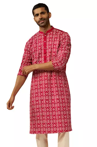 Men red linen silk thread embroidered kurta - premium geometric pattern festive wear