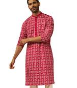 Men red linen silk thread embroidered kurta - premium geometric pattern festive wear