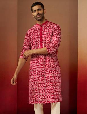 Men red linen silk thread embroidered kurta - premium geometric pattern festive wear 2