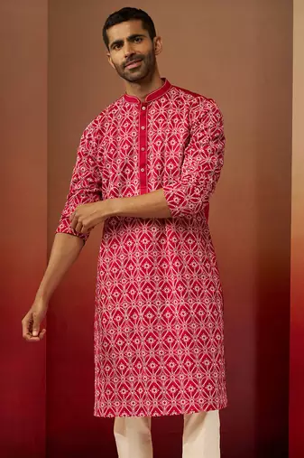 Men red linen silk thread embroidered kurta - premium geometric pattern festive wear