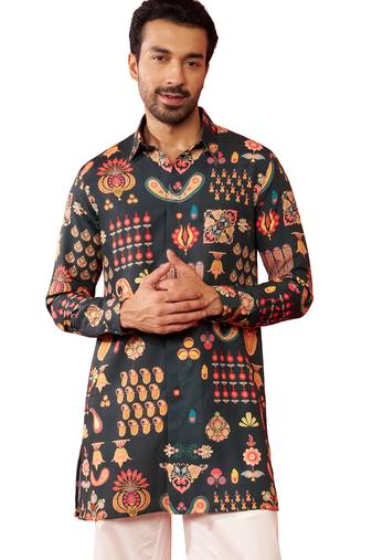 Men's multicolor rayon kurta - digital printed mid-length festive