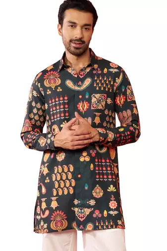 Men's multicolor rayon kurta - digital printed mid-length festive