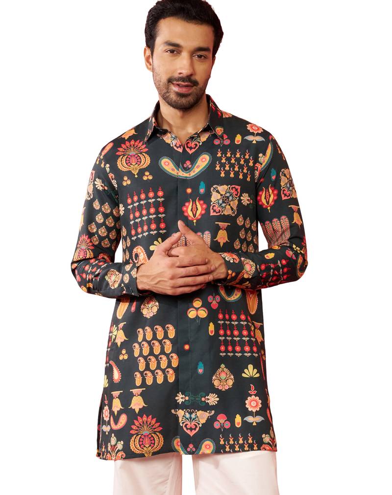 Men's multicolor rayon kurta - digital printed mid-length festive
