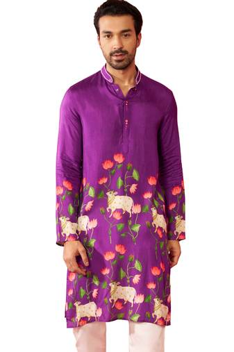 Men's purple digital print long kurta - rayon cutdana work festive wear