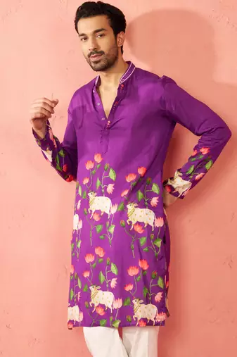 purple digital print long kurta - rayon cutdana work festive wear