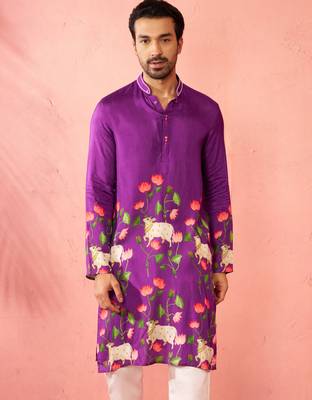 purple digital print long kurta - rayon cutdana work festive wear 4