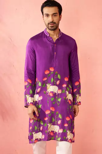 purple digital print long kurta - rayon cutdana work festive wear