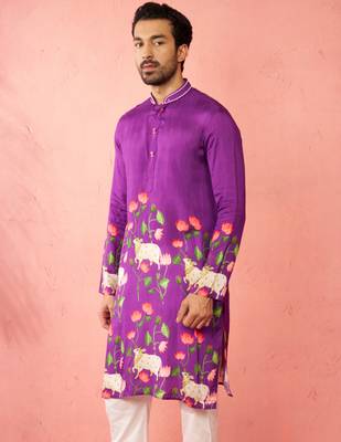 purple digital print long kurta - rayon cutdana work festive wear 5