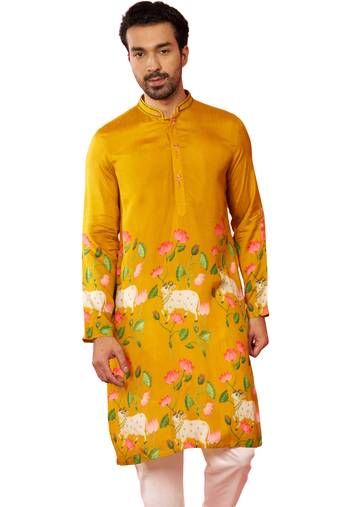 Men's mustard digital print long kurta - rayon cutdana work festive wear