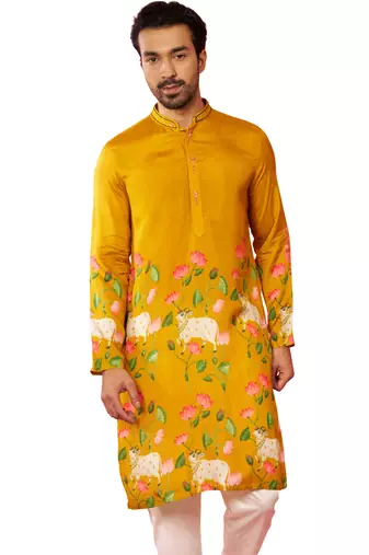 Men's mustard digital print long kurta - rayon cutdana work festive wear
