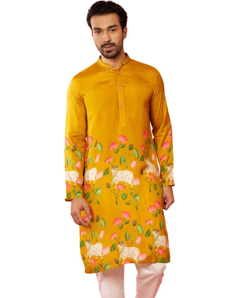 Men's mustard digital print long kurta - rayon cutdana work festive wear