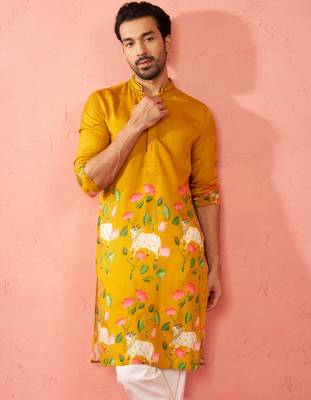 mustard digital print long kurta - rayon cutdana work festive wear 2