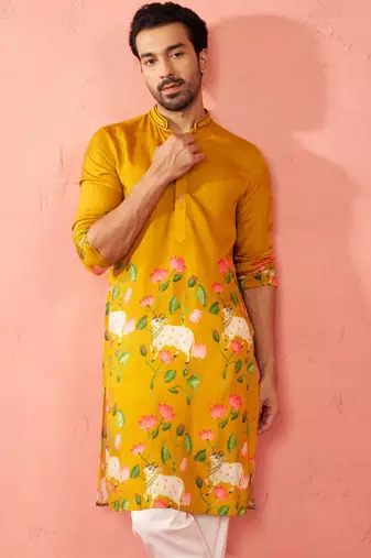 mustard digital print long kurta - rayon cutdana work festive wear