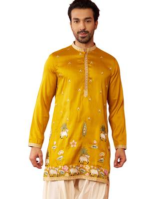 Men's mustard mid-length kurta - silk blend thread embroidered festive wear 1