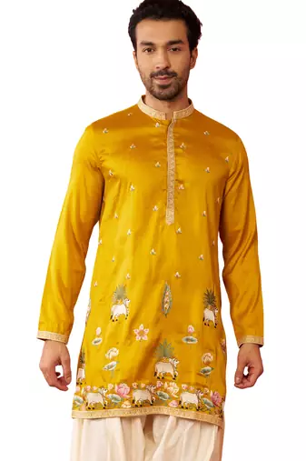 Men's mustard mid-length kurta - silk blend thread embroidered festive wear