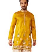 Men's mustard mid-length kurta - silk blend thread embroidered festive wear