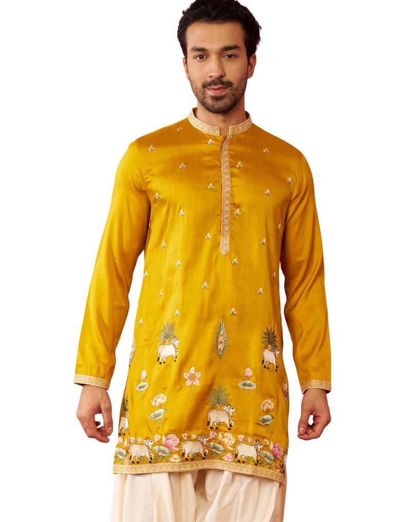 Men's mustard mid-length kurta - silk blend thread embroidered festive wear