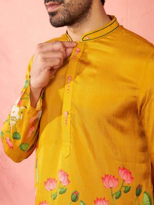 mustard digital print long kurta - rayon cutdana work festive wear 3
