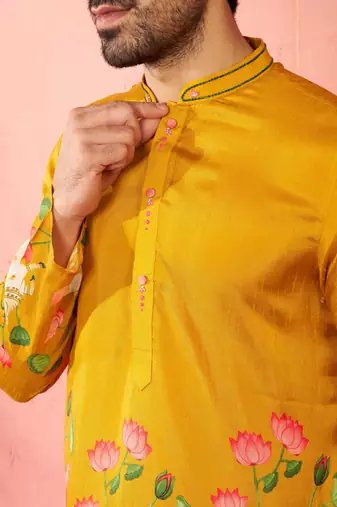 mustard digital print long kurta - rayon cutdana work festive wear