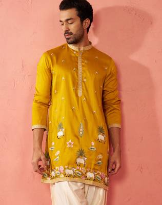 Men's mustard mid-length kurta - silk blend thread embroidered festive wear 2
