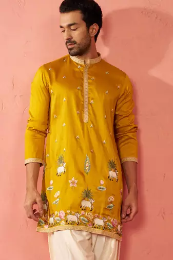 Men's mustard mid-length kurta - silk blend thread embroidered festive wear