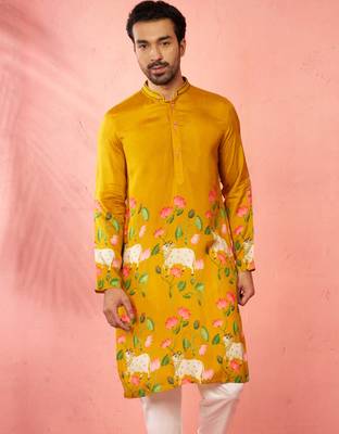 mustard digital print long kurta - rayon cutdana work festive wear 4