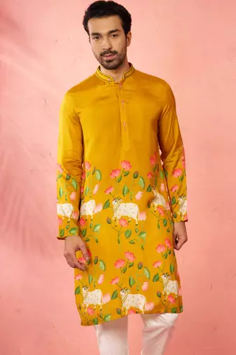 mustard digital print long kurta - rayon cutdana work festive wear