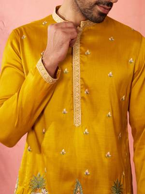 Men's mustard mid-length kurta - silk blend thread embroidered festive wear 3