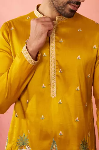 Men's mustard mid-length kurta - silk blend thread embroidered festive wear