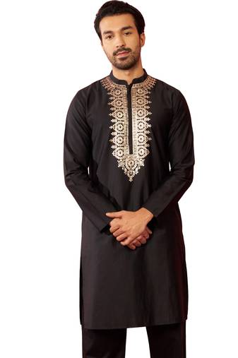 Men's black fine satin hand embroidered kurta - premium pitta work festive wear