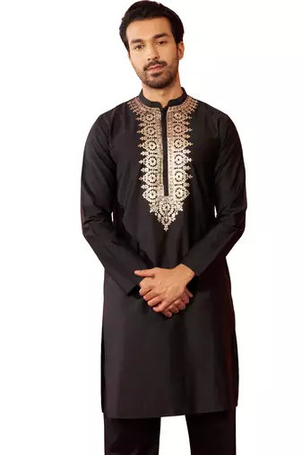 Men's black fine satin hand embroidered kurta - premium pitta work festive wear