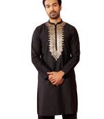 Men's black fine satin hand embroidered kurta - premium pitta work festive wear