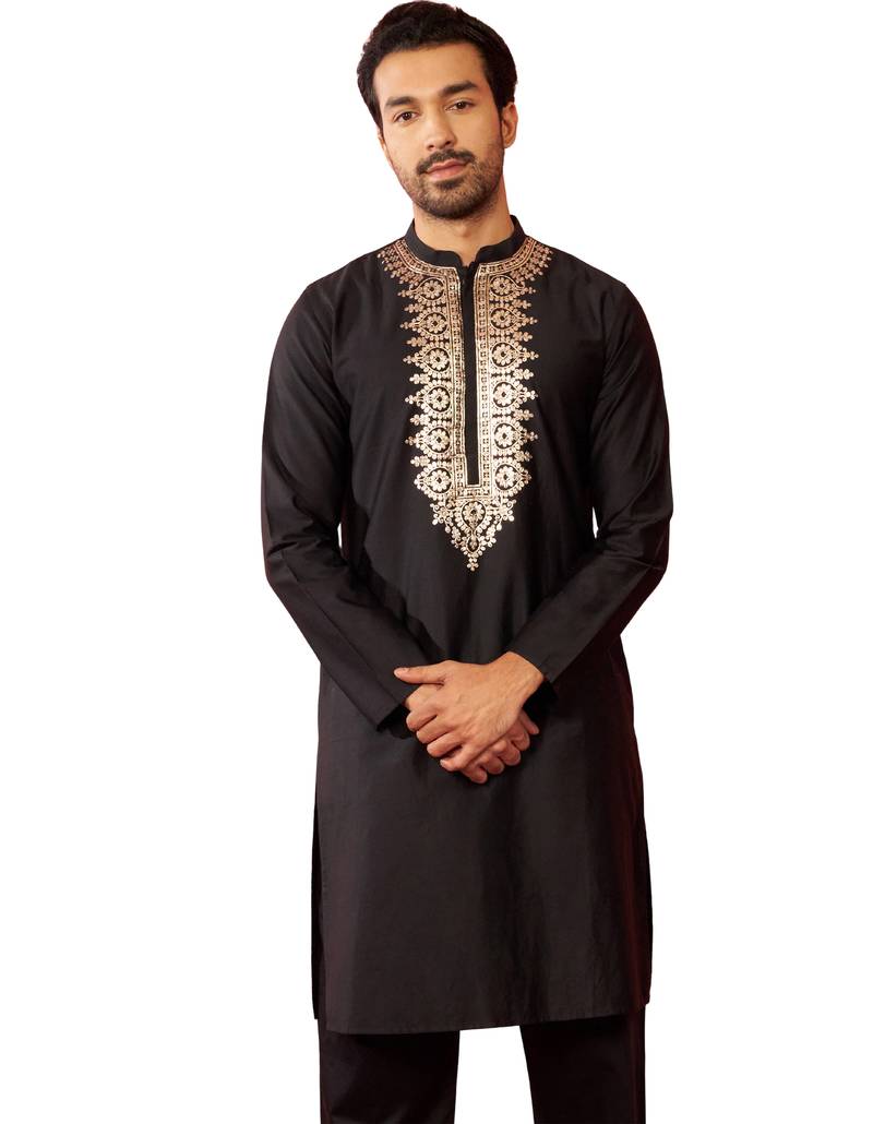 Men's black fine satin hand embroidered kurta - premium pitta work festive wear