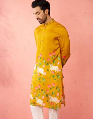 mustard digital print long kurta - rayon cutdana work festive wear 5