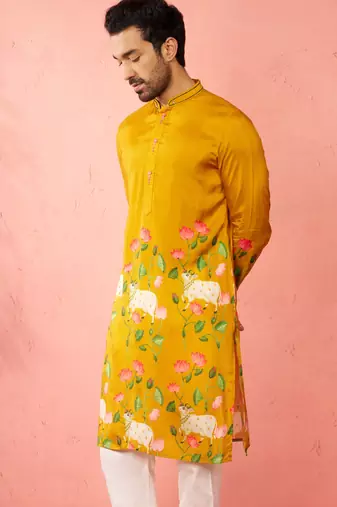 mustard digital print long kurta - rayon cutdana work festive wear
