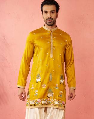 Men's mustard mid-length kurta - silk blend thread embroidered festive wear 4